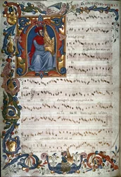 フランチェスコランディーノの肖像画と楽譜、「The Squarcialupi Codex」のイラスト、c.1325-35