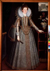 フィレンツェ貴族の女性の肖像 Derriere her a representation of the Pitti Palace, she is dressed in richly paree dress and strawberry collar in a charette wheel (Portrait of a florentine lady with a cartwheel ruff and a richly adorned dr