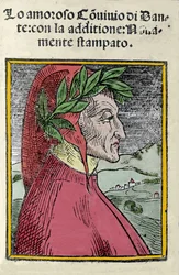 イタリアの詩人ダンテ・アリギエーリ（1265-1321）の肖像。エングレーヴィング。1554年の "Il convivio "の正面図