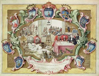 1739年にボローニャの科学研究所を訪れたポーランドのフレデリック・クリスチャン王子（水彩・紙