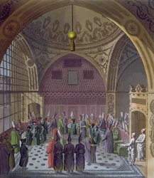 コンスタンティノープルのスルタンの大宰相による西側大使の歓迎、1820年頃（カラー彫刻）