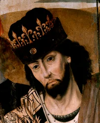 シチリア王および教皇派の指導者、アンジュー家のロベルト1世（1278-1343）の描写、部分。ナポリ派の絵画。15世紀末。ナポリ、カポディモンテ国立美術館