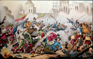 リソルジメント。1860年5月26日のパレルモの戦い。千人隊の遠征（赤シャツ）。ジュゼッペ・ガリバルディ（1807-1882）はパレルモとの間で、反乱を起こした民衆がナポリのブルボン王国の兵士と戦うために彼に加わった。19世紀のエングレーヴィング