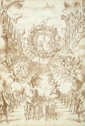 1675年、ヴェネツィアのサンサルヴァトーレ劇場でのオペラのセットデザイン（紙にペンとインクで洗う）