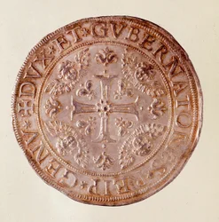 ジェノバ共和国（Genes）の銀貨で、十字架が描かれています。1670.直径5.8cm ナポリ、ムゼオ・アルケオロジコ