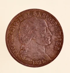 ヴィットリオ・エマヌエーレ1世（ヴィクトル・エマヌエル1世）（1759-1824）の時代のサルデーニャ王国のイタリア銀貨（ecu）。1821.直径3.8cm ナポリ、ムゼオ・アルケオロジコ