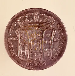 ナポリの銀製ピアストラ：スペインのカルロ3世（シャルル3世）の時代（1716～1788年）。1750.直径4cm ナポリ、考古学博物館