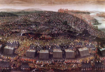 三十年戦争（ドイツ1620年）の中で、フリードリヒ5世に導かれたボヘミアが神聖同盟に対抗した「白山の戦い」。油彩。ローマ、勝利の聖マリア教会。