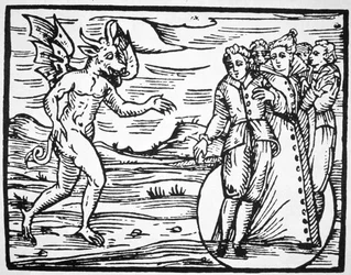 19世紀後半に出版された魔術の歴史で使用されたFr M Guaccius、ミラノ1608によるマレティカルム大要の挿絵のコピー、悪魔の喚起