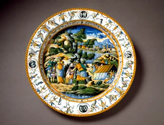 アーロンとモーゼの出会い イタリア、ウルビーノのフォンタナ工房で制作された陶板。1550年頃 フィレンツェ、バルジェッロ美術館 - アーロンとモーゼの出会い イタリア、ウルビーノのフォンタナ工房で製作された陶板。1550年頃国名