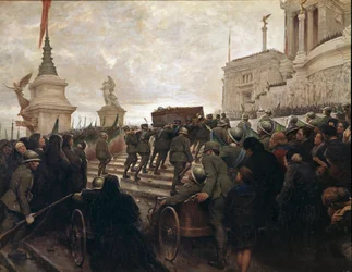 1921年11月4日、ローマのヴィットリアーノ記念碑に運ばれる無名兵士の遺骨（絵画）