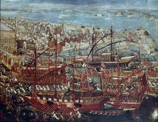 1659年、フランチェスコ・モロシーニ総督がトルコ軍と戦った後、ヴェネツィア艦隊が武器庫に凱旋した様子 ヴェネツィア派の絵画 - 17世紀 - ヴェネツィア、コレール美術館