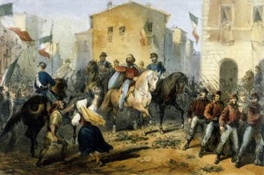 ジュゼッペ・ガリバルディ(1807-1882)率いる「赤シャツ隊」の遠征。シチリア島のメッシーナに到着。19世紀後半のドローイング