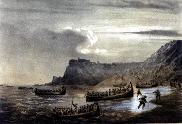 イタリア統一：ジュゼッペ・ガリバルディ（1807-1882）率いる「千人隊」または「赤シャツ隊」の遠征。ガリバルディの第一艦隊がカラブリアに向けてステラ砦を出発する様子。19世紀のリトグラフ