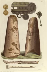 様々なバイキングの遺物：ブロンズのブレスレット、ルーン文字入りの金メダル、盾、笛。1820年頃、ミラノのJ.Ferrarioの「Le costume ancien ou moderne」からV.Raineriが描いたもの（カラーリトグラフ）。