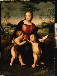 男の子として洗礼者ヨハネと聖母子。 無名の絵画、16世紀後半（1550～1600年頃）のイタリア派。 マニエリスム。 ミハイル・クロシツキー美術館、セヴァストポリ（セヴァストポリ）