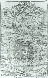 ヴェネツィア1606年に出版されたGiovanni Battista Ramusio（1485-1557）によるRelatione della Citta del Temistitanからのアステカの都市テノチティトランの北からの眺め