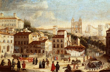 View of Piazza di Spagna (スペイン広場), with the church Trinita dei Monti (Trinite des Monts) in Rome (View over Spain square and saint Trinity church in Rome) ローマ派の絵画 - 17世紀 (絵画)