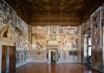 ベネデット（1442-97）とジュリアーノ（1432-90）がマイアーノによって設計した、カペラデイプリオーリに向けたサラデウディエンツァの眺め、フランチェスコデロッシサルビアーティ（c.1520-75）のフレスコ画（復元後）