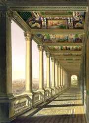 1814年の版でルーズリーフとして公開されたDelle Loggie di Rafaele nel Vaticanoの、ラファエルの装飾が施されたバチカンの3階のロッジアの眺め（手書きの彫刻）