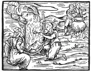 19世紀後半に出版された「歴史の魔法」で使用された、魔女の焙煎と沸騰する乳児、Mr Guaccius Fr M著、Completium Maleticarumからのイラストのコピー、ミラノ1608