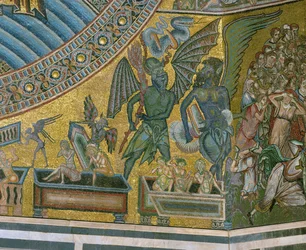 最後の審判罪人を墓から引きずり出す悪魔（モザイク画）