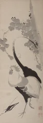 おんどりとぶどう、掛軸、江戸時代（紙に墨）