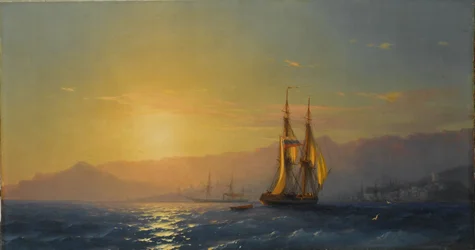ロシア語：「海の夕日」Sunset at sea