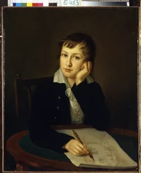 アレクサンダー ニコラエヴィチ モルドヴィノフ伯爵 (1799-1858) の肖像画。 （伯爵A.N. Mordvinovの肖像）。 10 代の若者が机に向かい、頭とシャープ ペンシルを持ち、自分が描いている画家の顔を観察しています。 イヴァン・アレクセービッチの絵