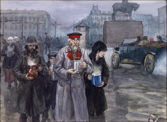 ペトログラードでの空腹の年。 ウラジミロフ、イヴァン・アレクセイヴィッチ（1869-1947）による共同炊事場からの帰還。 水彩, ガッシュ ・ 紙