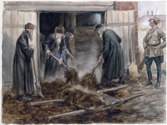 Le clerge russe pepperant le fumier - ロシアの聖職者が干し草をシャベルで切る: 1918 年 9 月 (一連の水彩画のロシア革命から) - Vladimirov, Ivan Alexeyevich (1869-1947) - 1918 - 紙に水彩 - 25,8x34,3 - 個人蔵