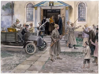 1922年5月5日、ペトログラードにおける教会財宝の徴発。水彩画連作『ロシア革命』より、イワン・アレクセーエヴィチ・ウラジーミロフ（1869-1947）作、1922年