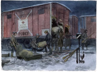 Soldatspyrant un wagon de chemin de fer - 鉄道ワゴンを略奪する兵士 (ロシア革命の一連の水彩画から) - ウラジミロフ、イワン アレクセイエビッチ (1869-1947) - 1922 - 紙に水彩 - 25,8x34,1 - 個人蔵