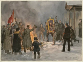 燃える兵士の絵画 (ロシア革命の一連の水彩画から) - Oeuvre de Ivan Alexeyevich Vladimirov (1869-1947) - 1917 - 紙に水彩 - 25,7x34,5 - 個人蔵