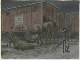 水彩画のシリーズから鉄道貨車を略奪する兵士、ロシア革命、1922年