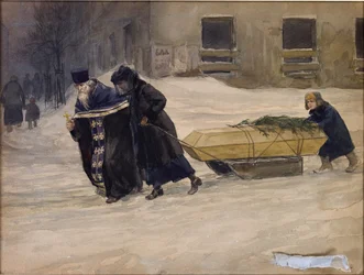 ウラジミロフ、イヴァン・アレクセイヴィッチ（1869-1947）による父の葬式。 水彩, ガッシュ ・ 紙