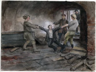 Un detenu emmene pour etre execute - 拘束され処刑される男 (ロシア革命の一連の水彩画から) - ウラジミロフ、イワン アレクセイエビッチ (1869-1947) - 1919 - 紙に水彩 - 25,7x34,5 - 個人蔵