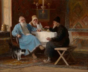 「会話」 テーブルに座る3人の人物 - Ivan Andreyevich Pelevin (1840-1917) 作 1909 Dim 15x20 cm 個人蔵