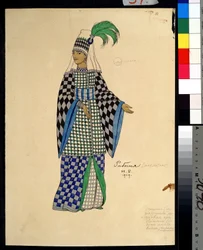 ニコライ・リムスキー＝コルサコフ（1844-1908）のオペラ「金鶏」の衣装デザイン、イワン・ヤコヴレヴィチ・ビリービン（1876-1942）による絵画