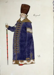 ニコライ・リムスキー＝コルサコフ（1844-1908）のオペラ「金鶏」の衣装デザイン、イワン・ヤコヴレヴィチ・ビリービン（1876-1942）による素描