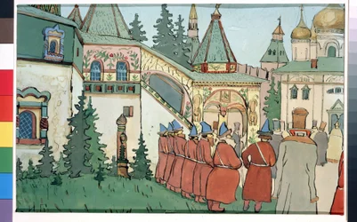 ロシアの物語「誇らしげなファルコンのフィニストの羽」にインスパイアされた演劇フィニスト・ザ・ファルコンの準備図（演劇フィニスト・ザ・ファルコンの舞台デザイン）。 Ivan Yakolevich Bilibin (ビリビン) (1876-1942) による絵画。 水彩、ガッシュ