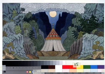 ニコラス (ニコライ) リムスキー コルサコフ (リムスキー コルサコフ) (1844-1908) によるオペラ「黄金の雄鶏」のセットの準備図 (N. リムスキー コルサコフによるオペラ「黄金の雄鶏」の舞台デザイン (リムスキー コルサコフ) Ivan Yakolevich Bilibin (ビリー) の描画