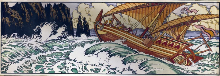 船乗りのシンドバッド。 千夜一夜物語のアラビアの伝統的な物語のイラスト。 Ivan Yakovlevich Bilibin (Bilibin) (1876-1942) の作品、紙に水彩