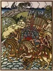Volga Sviatoslavich (Vseslav de Polotsk (vers 1039-1101)、Grand Prince de Kiev de 1068 a 1069) et Mikula Selyaninovich (?)。 Oeuvre de Ivan Yakovlevich Bilibin (Bilibine) (1876-1942)、リトグラフ
