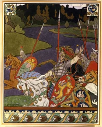 Volga Svyatoslavichと彼の軍隊。 （Volga Svyatoslavichと彼の軍隊）。 ロシア北部の民間伝承にインスパイアされた神話叙事詩のイラスト。 Ivan Yakovlevich Bilibin (Bilibin) (1876-1942) の作品、リトグラフ