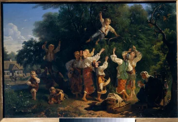 ウクライナの所有者の果樹園でサクランボを摘みます。 Ivan Ivanovich Sokolov（1823-1918）による絵画、キャンバスに油彩