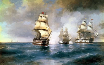 1829 年 5 月 14 日、1892 年 5 月 14 日、2 隻のトルコ船に攻撃されたブリッグ マーキュリー。