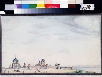 ロストフ、クレムリンの眺め。 (ロストフ クレムリンのビュー)。 Ivan Mikhaylovich Belogonov (1800-1871) による絵画。 紙に水彩、インク