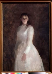 お嬢様の肖像（お嬢様の肖像）。 （長い白いドレスを着ています）。 Ivan Nikolayevich Kramskoi (1837-1887) の絵画、キャンバスに油彩。 ロシア美術