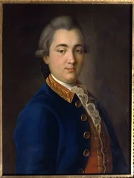 騎兵隊の制服を着たボリス ウラジミロヴィッチ シェレメテフ (1754-1811) の肖像画。 （騎兵隊の制服を着たB.V.シェレメテフの肖像）。 Ivan Petrovich Argunov（Argounov）（1729-1802）による絵画、キャンバスに油彩